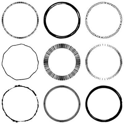Hand drawn circle line sketch set. Circular scribble doodle round frames. Made by pencil or pen