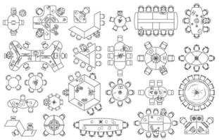 Office furniture icons in top view, floor plan collection. Contemporary workplace interior design elements. Desks with chairs, working person and computers for working space vector