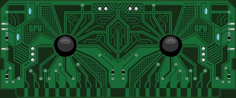 The computing module circuit Board. Green graphics card. Printed computer motherboard with microcircuit. Electronic background vector