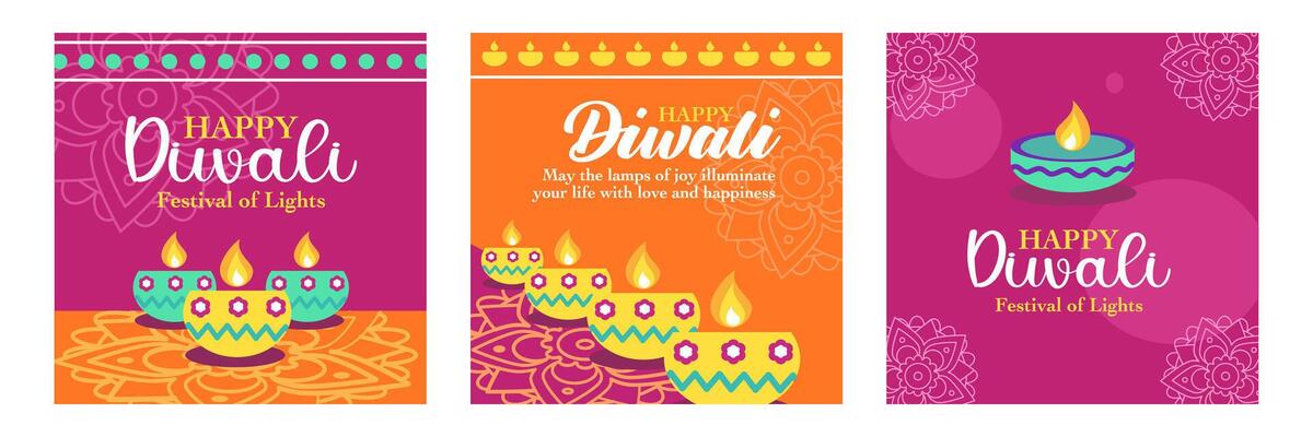 Hindu festival of lights design set with oil lamp, lanterns and rangoli for branding, social media, greeting card, web banner, cover, flyer or poster