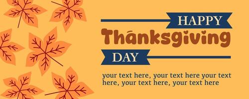 Horizontal Happy Thanksgiving Day banner with shape, autumnal leaves, copy space for text and yellow background for advertising, greeting card, web, social media, poster and flyer vector