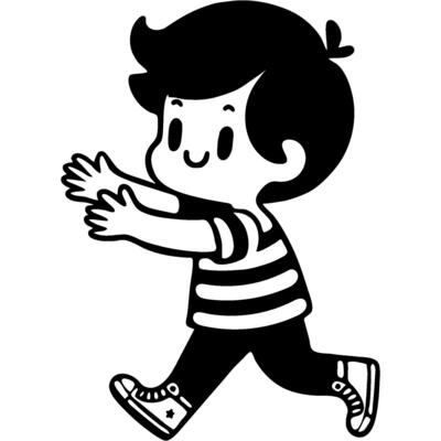 Boy dressed in summer clothes runs happily with his arms outstretched in monochrome. Simple minimalistic in black ink drawing on white background