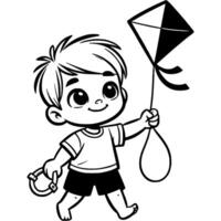 Boy dressed in summer clothes flying a kite in monochrome. Simple minimalistic in black ink drawing on white background vector