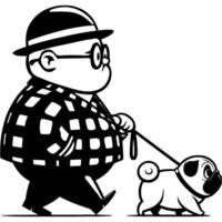 Gentleman in a checkered suit and bowler hat leads a pug on a leash in monochrome. Simple minimalistic in black ink drawing on white background vector