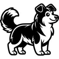 Shaggy collie dog awaits owner trainer command in monochrome. Simple minimalistic in black ink drawing on white background vector