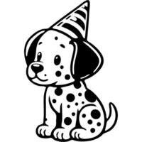 Dalmatian puppy wearing a carnival cone hat in monochrome. Simple minimalistic in black ink drawing on white background vector