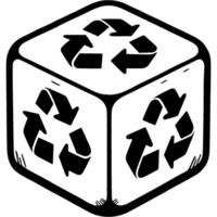 Gaming cube with recycling symbol on edges in monochrome. Simple minimalistic in black ink drawing on white background vector