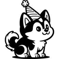Husky puppy with a festive hat on his head looks up devotedly in monochrome. Simple minimalistic in black ink drawing on white background vector