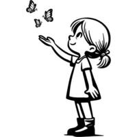 Admiring girl holds a pair of fluttering butterflies in her palm in monochrome. Simple minimalistic in black ink drawing on white background vector