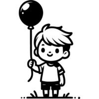 Boy stands and holds a balloon in monochrome. Simple minimalistic in black ink drawing on white background vector