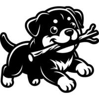 Cheerful Rottweiler puppy runs and holds a tree branch in his teeth in monochrome. Simple minimalistic in black ink drawing on white background vector