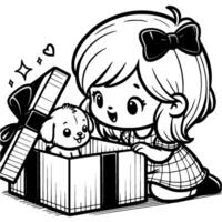 Little girl happily looks at puppy given in holiday box in monochrome. Simple minimalistic in black ink drawing on white background vector