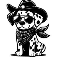 Dalmatian puppy wearing a cowboy hat, neckerchief and sheriff sunglasses in monochrome. Simple minimalistic in black ink drawing on white background vector