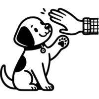 Dog gives its paw to its owner hand in monochrome. Simple minimalistic in black ink drawing on white background vector