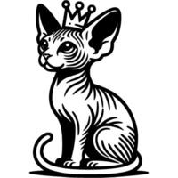 Sphinx kitten sits with crown on head in monochrome. Simple minimalistic in black ink drawing on white background vector