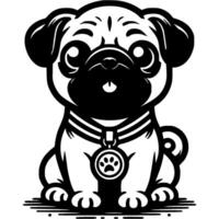 Pug puppy with dog show winner medal worn around its neck in monochrome. Simple minimalistic in black ink drawing on white background vector