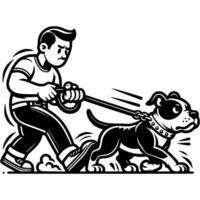 Owner holds pitbull dog on leash following trail in monochrome. Simple minimalistic in black ink drawing on white background vector