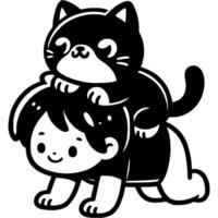 Black kitten riding on back of a toddler boy playing rider in monochrome. Simple minimalistic in black ink drawing on white background vector