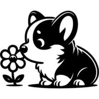Corgi puppy sniffing a blossoming flower in monochrome. Simple minimalistic in black ink drawing on white background vector