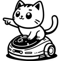 White domestic kitten riding robot vacuum cleaner and pointing paw forward in monochrome. Simple minimalistic in black ink drawing on white background vector