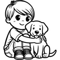 Boy hugging pet Labrador puppy in monochrome. Simple minimalistic in black ink drawing on white background vector