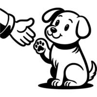 Friendly volunteer lends a helping hand to a homeless puppy in monochrome. Simple minimalistic in black ink drawing on white background vector
