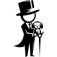 Gentleman in a classic suit and a high hat holds a small puppy in his hands in monochrome. Simple minimalistic in black ink drawing on white background vector