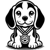 Hunting beagle puppy with dog show winner medal worn around its neck in monochrome. Simple minimalistic in black ink drawing on white background vector