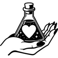 Witch female hand holds flask with love potion in its palm in monochrome. Simple minimalistic in black ink drawing on white background vector