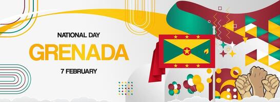 Modern geometric background for Grenada national day or independence day with hands raised in enthusiasm. vector