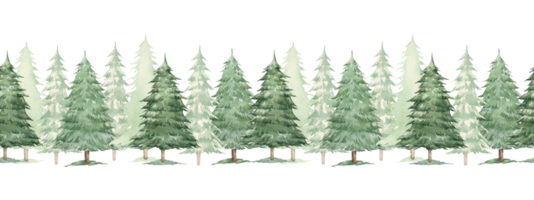 Watercolor seamless border with fir trees. Horizontal border with forest of coniferous trees, fir and spruce. Illustration of forest trees. Winter and Christmas theme, design and decoration. png