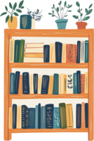 An illustration of a book shelf with books and plants png