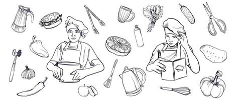 a set of black and white hand-drawn drawings of a chef in uniform with cooking tools vector