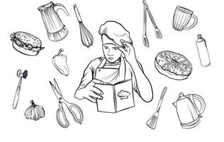 a set of drawings by the hand of a young chef looking at a book with recipes of dishes surrounded by objects for cooking vector