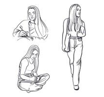 a set of hand-drawn drawings of a schoolgirl girl, a student writing in a notebook walking with books in her hands vector