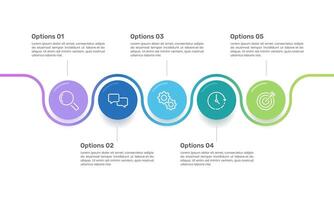Infographic curve line design template with 5 colorful circle. Business presentation, milestones, workflow, strategy and planning. vector
