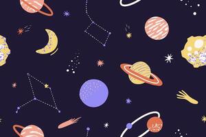 Seamless pattern of planet, star, moon, asteroid, constellation. Background of cartoon abstract cosmic objects in outer space. Childish illustration for fabric, backdrop, t shirt, cover, label. vector