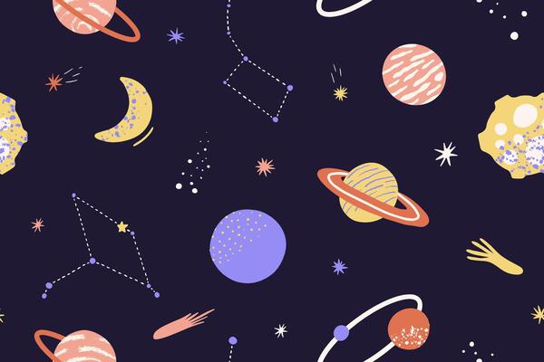 Seamless pattern of planet, star, moon, asteroid, constellation. Background of cartoon abstract cosmic objects in outer space. Childish illustration for fabric, backdrop, t shirt, cover, label.