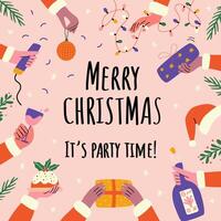 Happy new year cartoon design with hands and Christmas elements. Design for poster, banner, greeting and celebration. vector