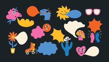 Groovy funky characters with speak bubble. Heart, cactus, smiley, unicorn characters in retro style. Cartoon illustration. vector