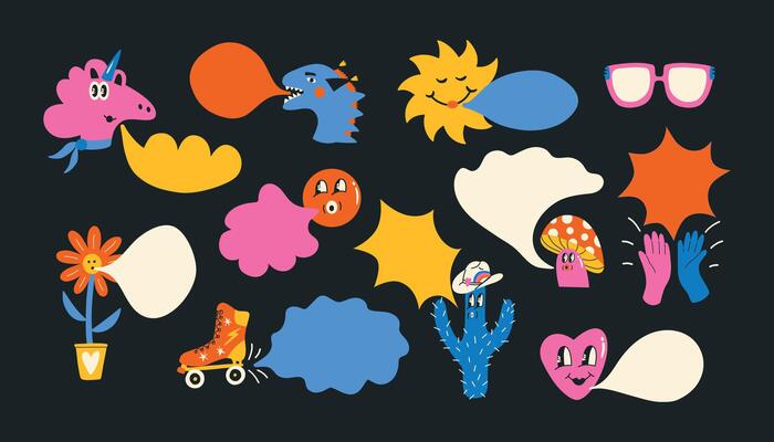 Groovy funky characters with speak bubble. Heart, cactus, smiley, unicorn characters in retro style. Cartoon illustration.