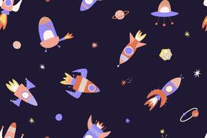 Seamless cosmic pattern with different rockets, UFO and planets in cartoon style. Childish astronomical background. Illustration for fabric, cover, wrapping, label. vector