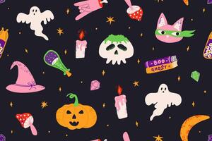 Seamless pattern with Halloween cartoon elements. Dark background with a witchs potion, ghost and other decor for the holiday. Illustration for textile, wrapping paper, fabric. vector