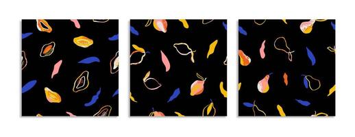 3 seamless pattern with mango, pear, lemon. Summer fresh bright whole and sliced fruits isolated on black background. Pop art illustration for fabric, wallpaper, packaging paper. vector