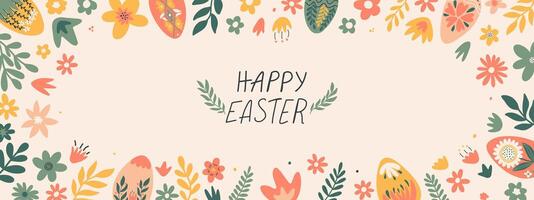 Greeting Easter template. Background with spring flowers and Easter eggs. Illustration for poster, greeting card, header for website. vector