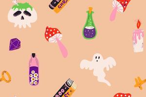 Seamless pattern with Halloween cartoon elements. Background with a witchs potion, ghost and other decor for the holiday. Illustration for textile, wrapping paper, fabric. vector