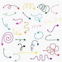Set of colored doodle arrows and lines. Straight or curly line . Different shapes. Show something. vector