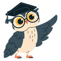Flat illustration in children's style on the theme of learning and school. Cute owl in graduation cap points something with wing vector