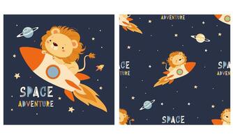 Set of illustrations for printing on children's products. Cute lion flying on a rocket in space, space adventure caption. Seamless pattern vector