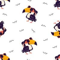 Seamless pattern in cartoon style. Cute toucan on white background with sunglasses. vector